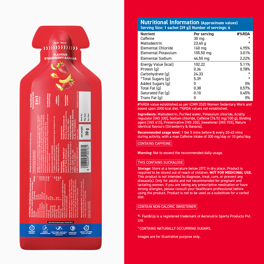 Fast&Up Energy Gels For Energy Boost | Caffeinated - Pack of 3
