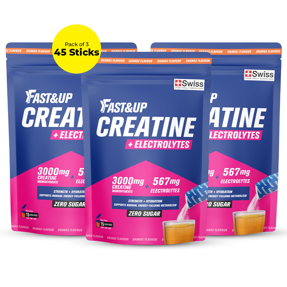 Fast&Up Creatine + Electrolytes For Strength & Hydration | Zero Sugar - Pack of 3