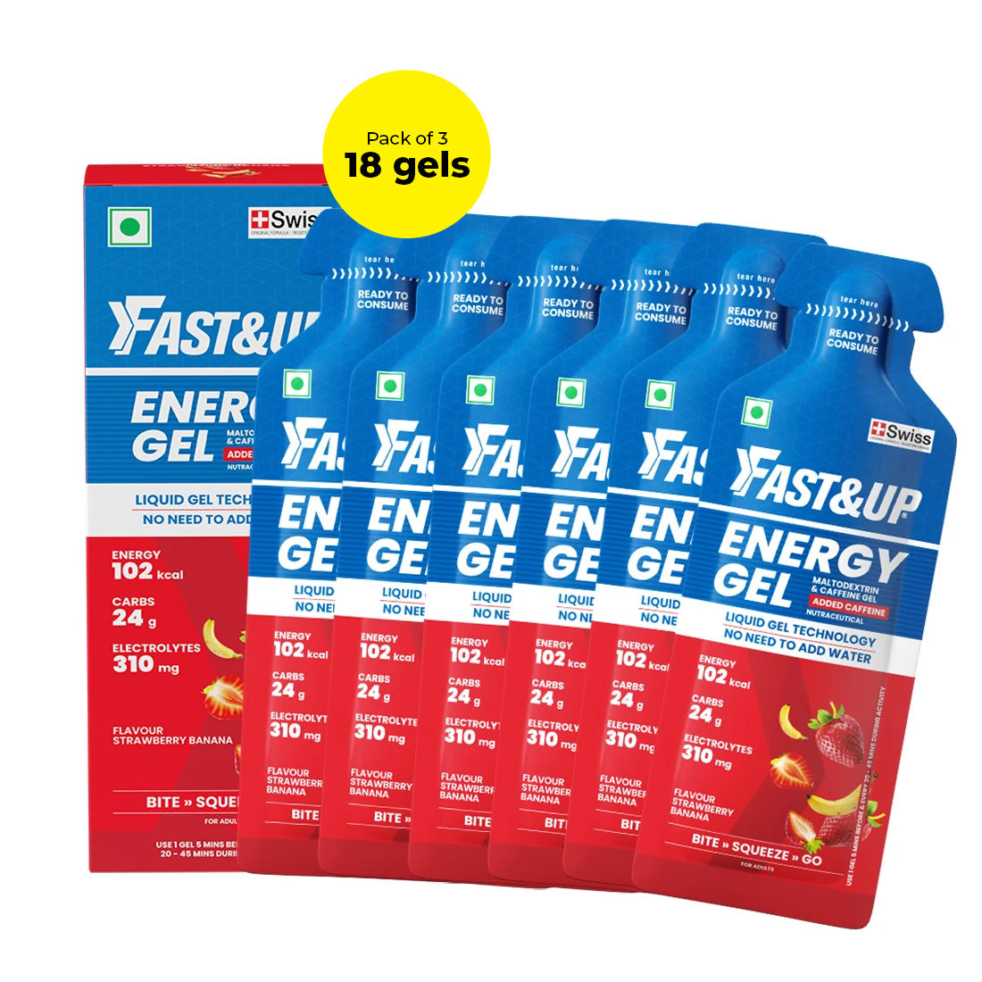 Fast&Up Energy Gels For Energy Boost | Caffeinated - Pack of 3