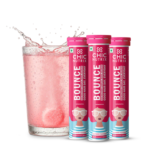 Bounce - Hair Growth & Hair fall Control with Keratin Boosters & Biotin - 20 Effervescent Tablets,  Raspberry Flavour - Pack of 3