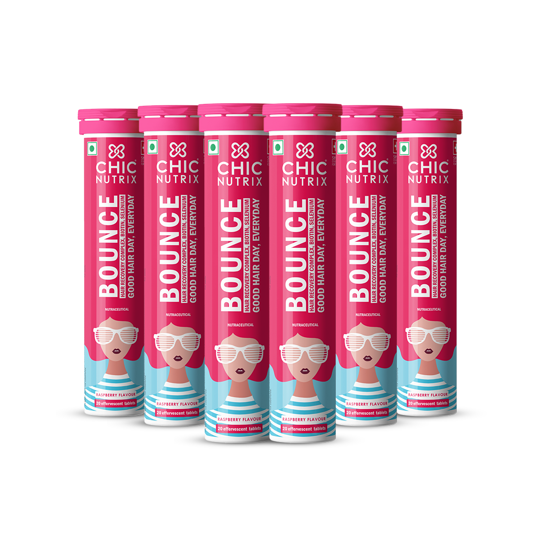 Bounce - Hair Growth & Hair fall Control with Keratin Boosters & Biotin - 20 Effervescent Tablets,  Raspberry Flavour - Pack of 6