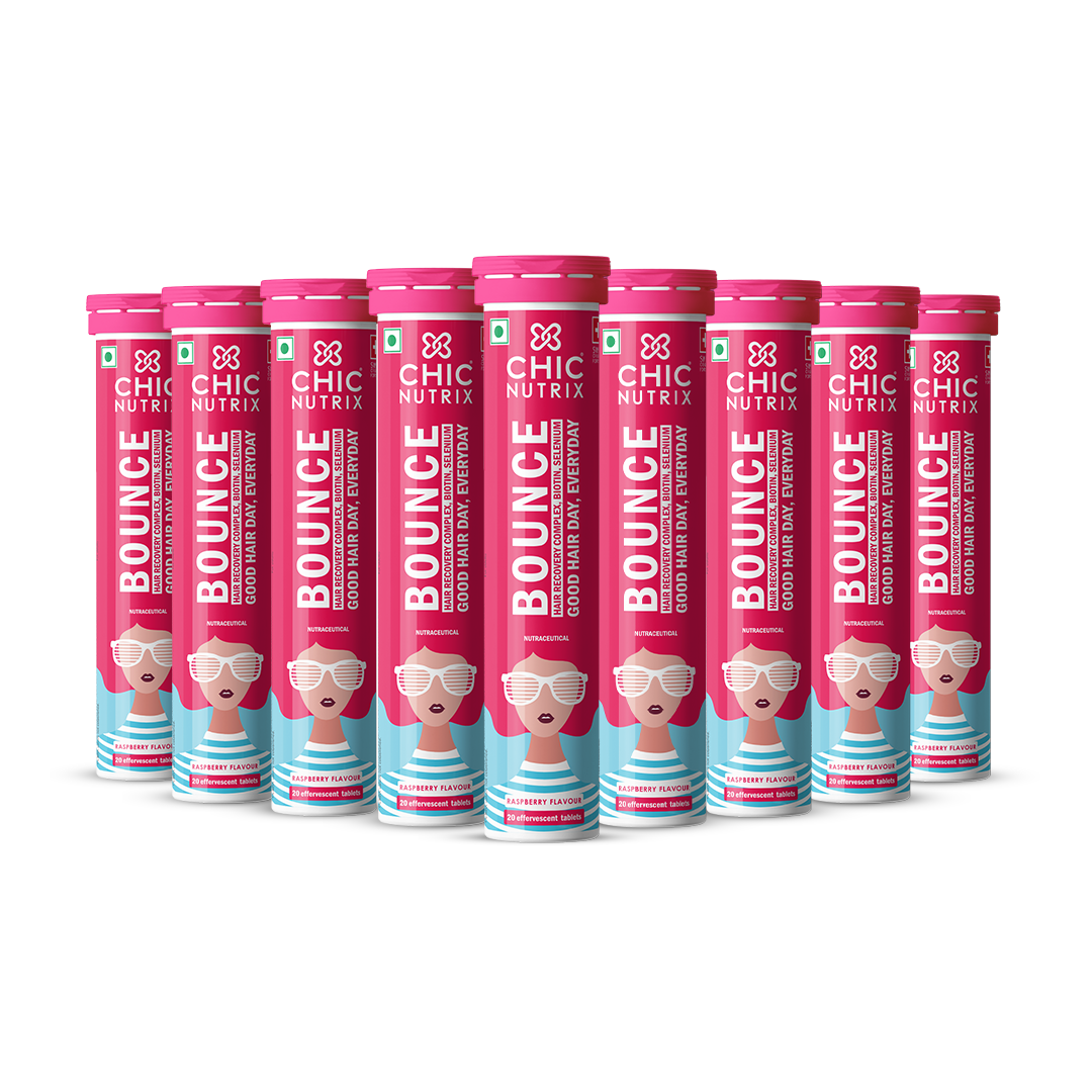 Bounce - Hair Growth & Hair fall Control with Keratin Boosters & Biotin - 20 Effervescent Tablets,  Raspberry Flavour - Pack of 9