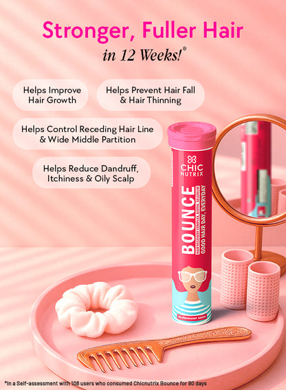 Bounce - Hair Growth & Hair fall Control with Keratin Boosters & Biotin - 20 Effervescent Tablets,  Raspberry Flavour - Pack of 3